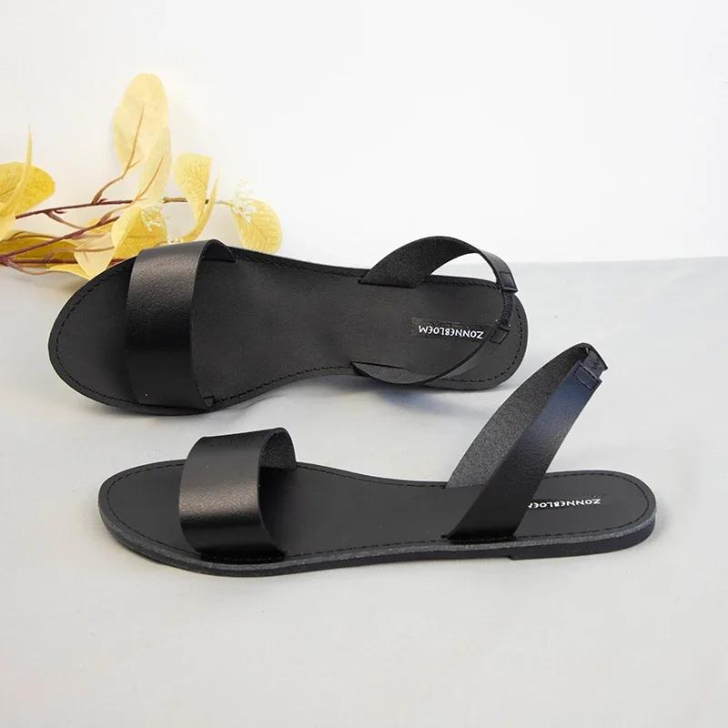 Fashion Sandals Women for 2025 Summer Beach Shoes High Quality Leather  Woman Flat Style Back Strap Brand Ladies Shallow Footwear
