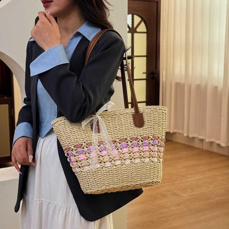 Large capacity vegetable basket bag women's summer new woven straw bag commuter seaside vacation beach bag