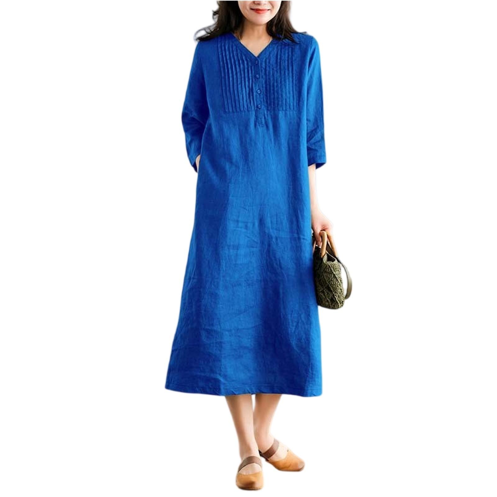 

Women s Casual V-Neck Pleated Dresses With Pockets Long Dresses L синій