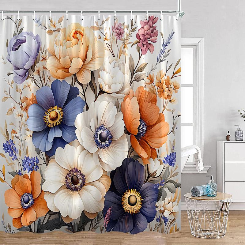 Luxury Gold White Floral Shower Curtain Rose Butterfly Cherry Blossom Modern Art Flower Polyester Fabric Bathroom Curtains Dec