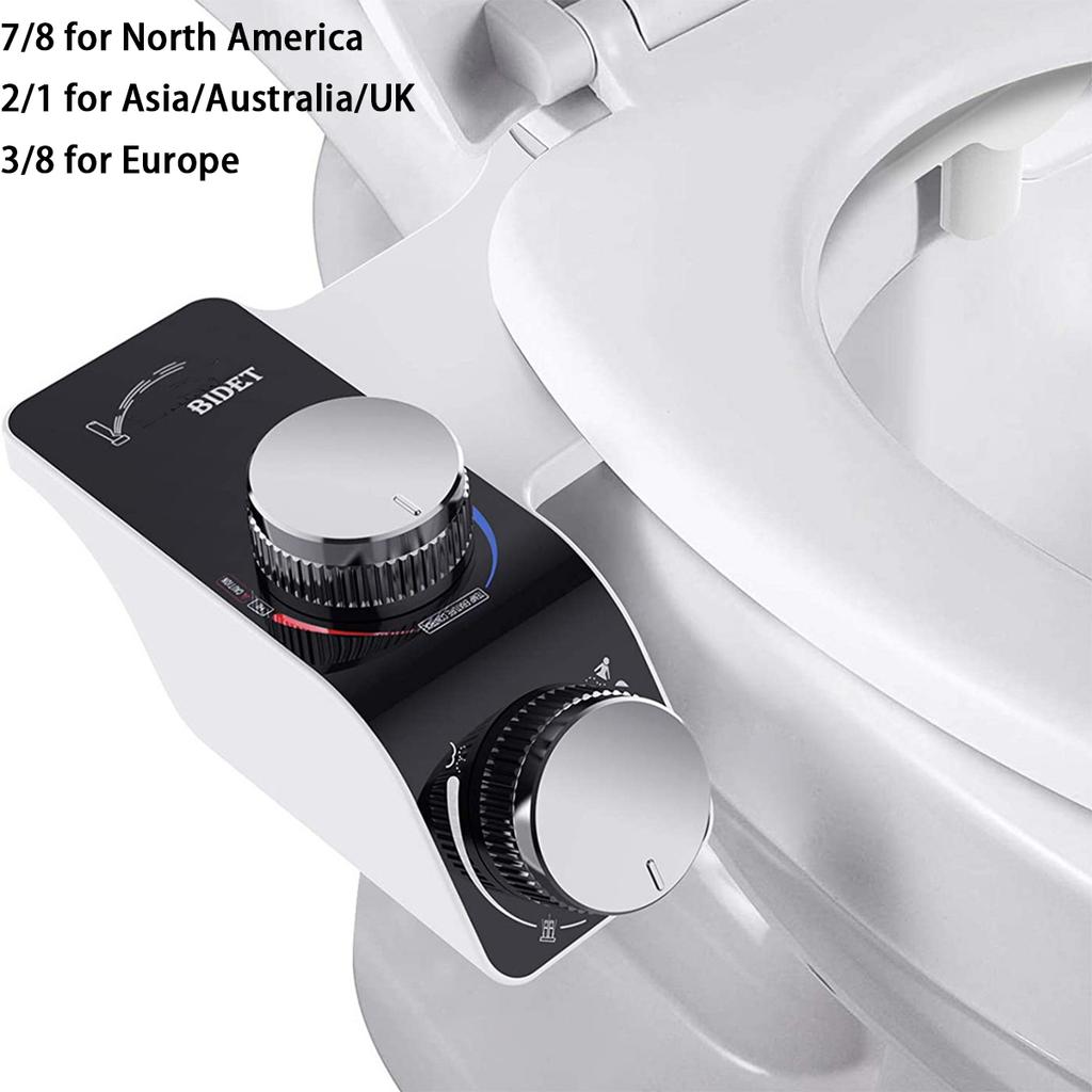 Bidet toilet seat attachment non-electric self-cleaning double nozzle adjustable water pressure hot and cold warm water