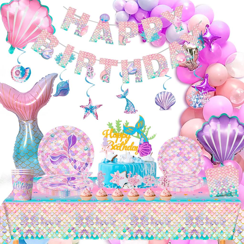 Mermaid Birthday Party Supplies Kit-132Pcs Mermaid Birthday Plates Tablecloth Balloons Etc Mermaid Birthday Decorations for Girls