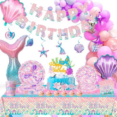 Mermaid Birthday Party Supplies Kit-132Pcs Mermaid Birthday Plates Tablecloth Balloons Etc Mermaid Birthday Decorations for Girls