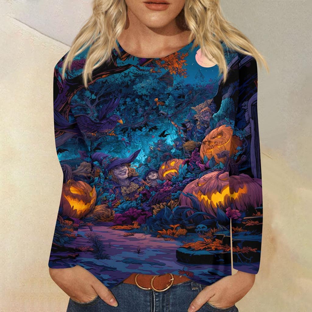 Dames casual top met lange mouwen en Halloweenprint, ronde hals