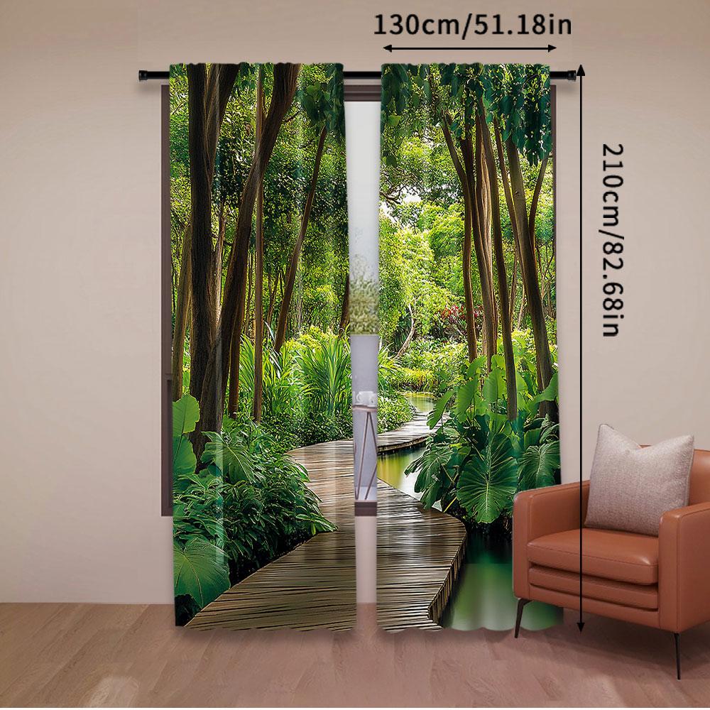 2Pcs Jungle Curtain Deep Forest With Wooden Pier And River Refreshing Exotic Nature Wild For Bedroom Living Room And Dining Room
