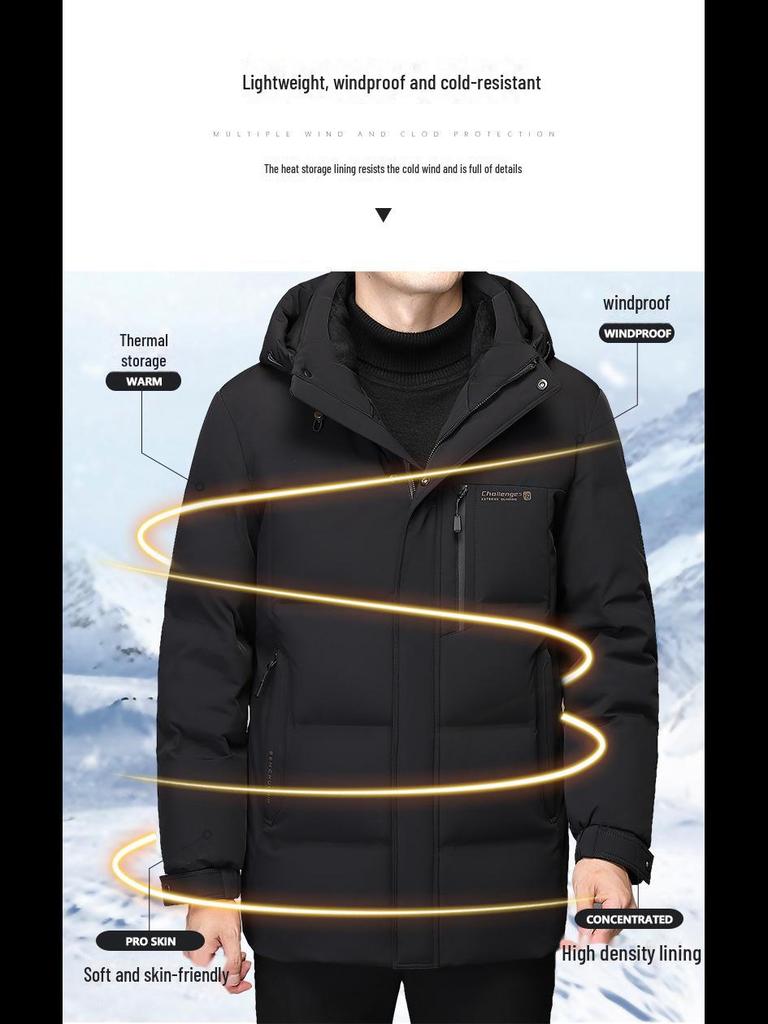 Men's 2024 Winter Dad's Mid-Length Thickened White Duck Down Jacket for Middle-Aged and Elderly