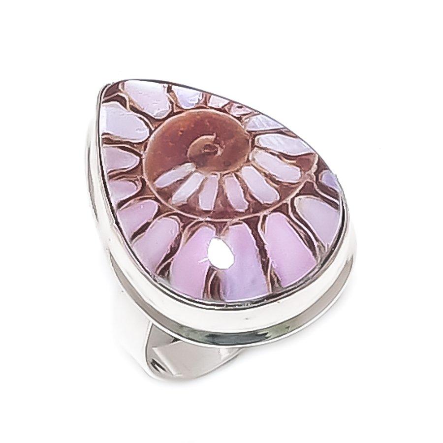 

Ammonite Fossil Gemstone Handmade 925 Sterling Silver Jewelry Ring Size 8 N8q89