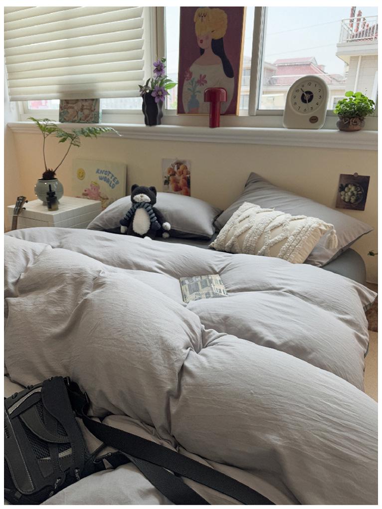 Skin-Friendly Washed Cotton Minimalist Bedding Set - Solid Color, 4 Pieces, Perfect for Dorms