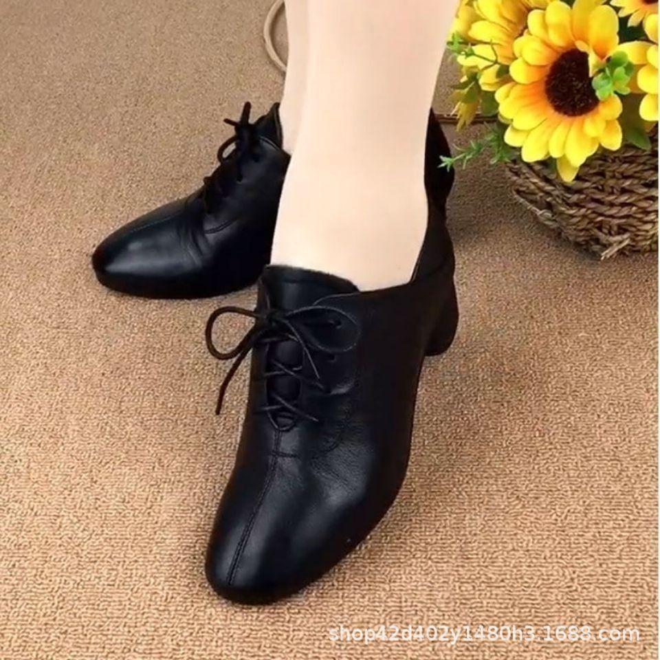 2025 spring new thick heel soft sole non-slip integrated heel square dance dancing leather shoes mother shoes