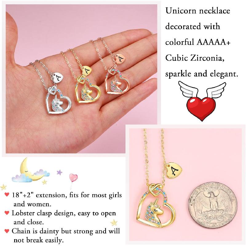 Hidepoo Unicorn Necklace Gifts for Girls - Colorful CZ Heart Pendant Initial Unicorns Necklaces Birthday Gift for Girl Daughter Granddaughter Niece