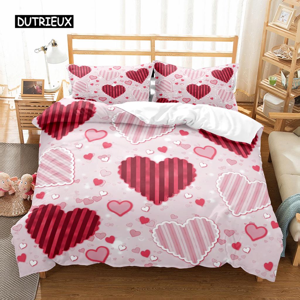Love Heart Duvet Cover Set Single King Romantic Theme Bedding Set Rose Floral Comforter Cover For Valentine's Day Wedding Decor