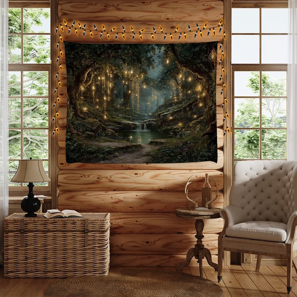 xyeey Gothic Fantasy Enchanted Forest Tapestry Mystical Waterfall Painting Wall Hanging Decor Fairy Lights Nature Landscape Art Vintage Tapestries for