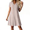 Women’s Fashionable Casual Short-Sleeved V-Neck Plain Dress With Back Zip