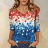 Top alla moda vintage a maniche a 3/4 per donna, Maglietta a blusa casual da donna con stampa a maniche a tre quarti e scollo a V