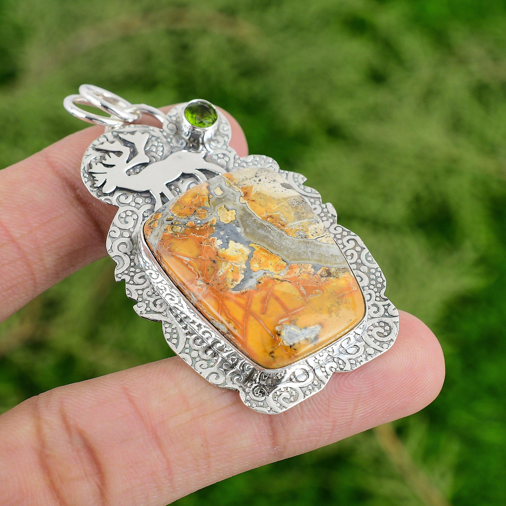 

925 Sterling Silver Maligano Jasper Gemstone Peridot Sister Boho Pendant Jewelry