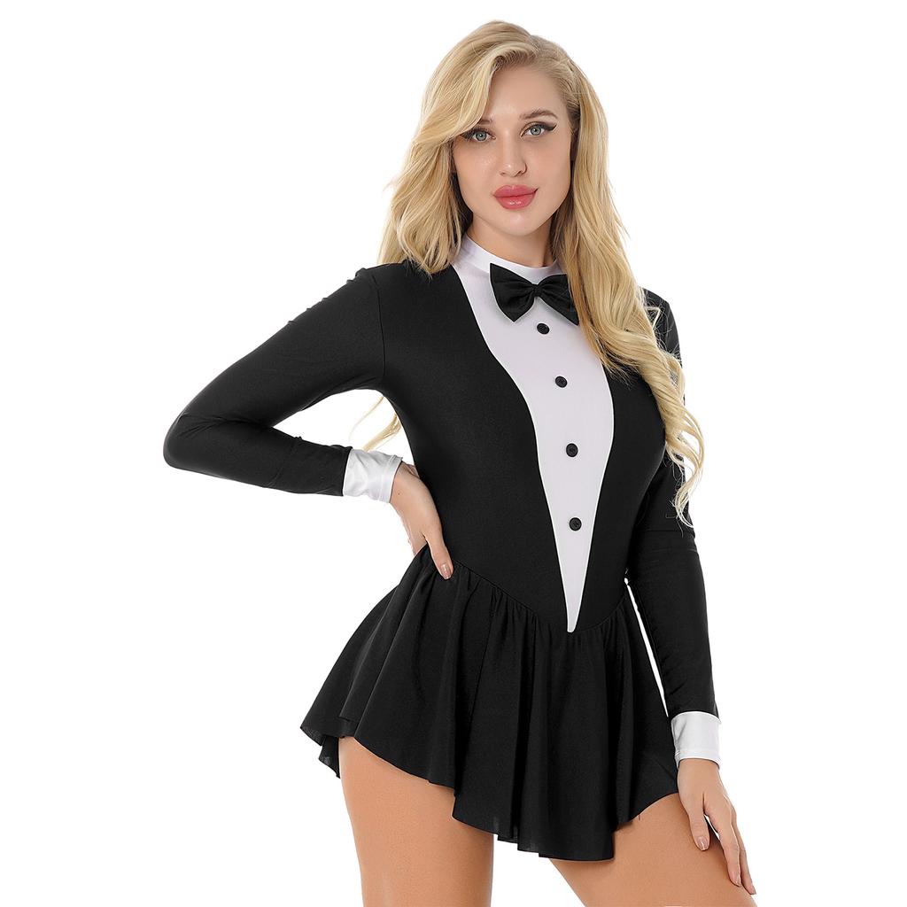 Women's Sexy Waitress Role Play Costume S-XXL: Contrast Color Tuxedo Style Dress with Bowknot Buttons & Long Ruffle Sleeves