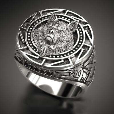 Anello da uomo con testa di lupo e totem in stile tailandese vintage