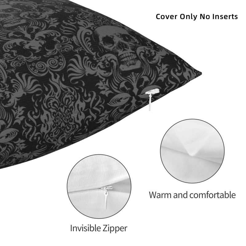 Benutzerdefinierter Vintage Halloween Gothic Schwarz Totenkopf Damast Kissenbezug 35x35 cm Samt Polyester Wurfkissenbezug für Sofa Kissenbezug