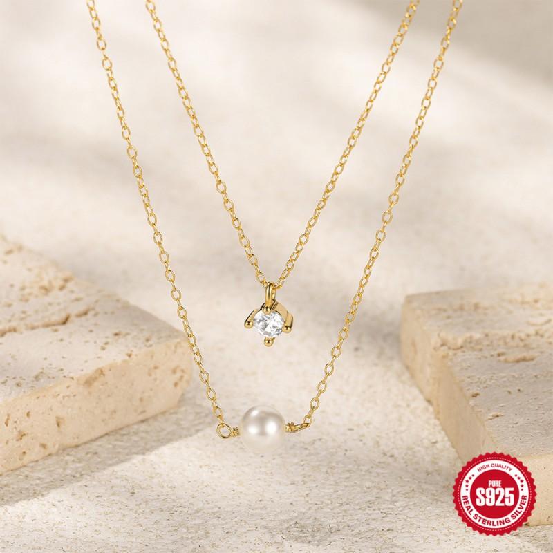 Layered Pearl Zirconia Necklace Women Sterling O-Link Chain Minimalist Chic Fashion Jewelry