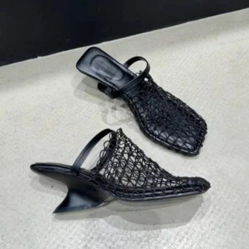 Strange Style Square Toe Women Slippers Air Mesh Height Increasing Fashion Solid Summer Outwear  Women Shoes 2025 New Arrivals