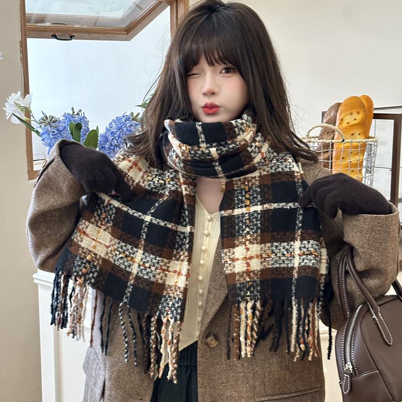 Autumn Winter Korean Campus Style Cheese Plaid Design Soft Faux Cashmere Tassel Warm Scarf