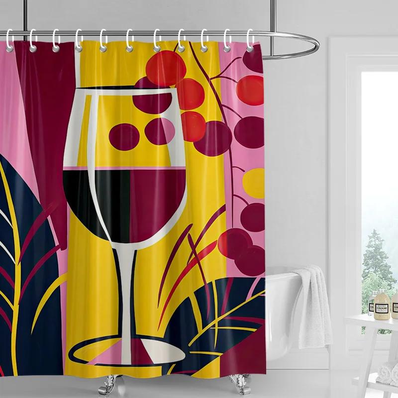 Abstraktní Umění Vína Sprchový Závěs Barevná Geometrická Koupelnová Dekorace s Ovocnými Motivmi, Vodotěsný Moderní Pop Art Design pro Domov