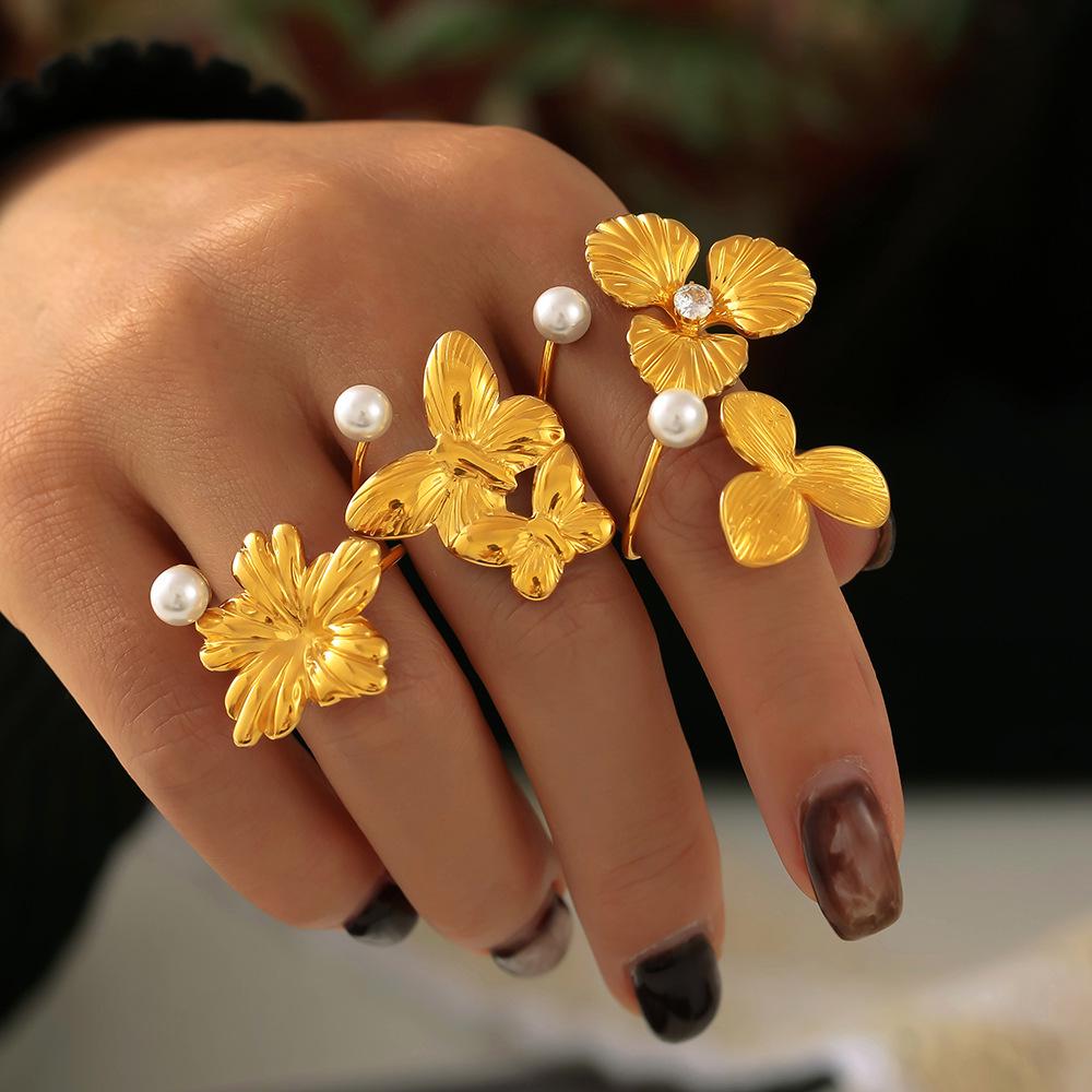 Pearl Flower 18K Gold Adjustable Titanium Steel Ring & Fashion Earrings Set