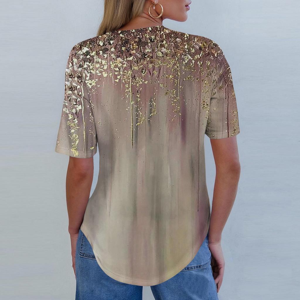 Korte Mouw Dames Tops Zomer T-shirts Bloemenprint V-hals Casual Basis T-shirt Knopenhemden Tuniek Tops