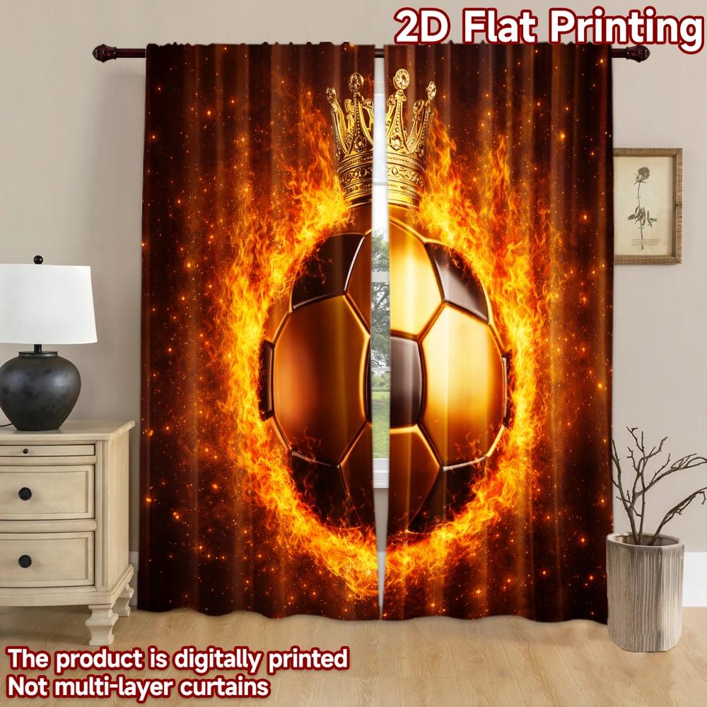 2D Flat Printing 2pcs Curtain Party Curtains Fiery Soccer Crown Digital Printed Polyester Drapes Festive Curtains for Holiday