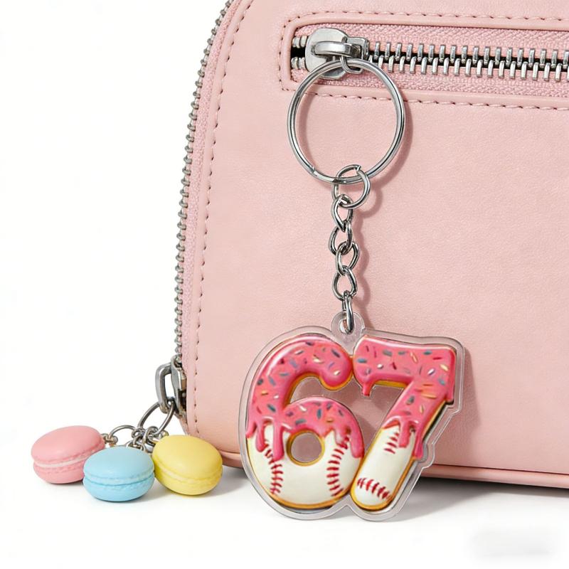 2D Flat Acrylic Keychain Cute Blue Icing Donut 67 Badminton Pattern Non-Fading Key Decor for Backpack Pendant