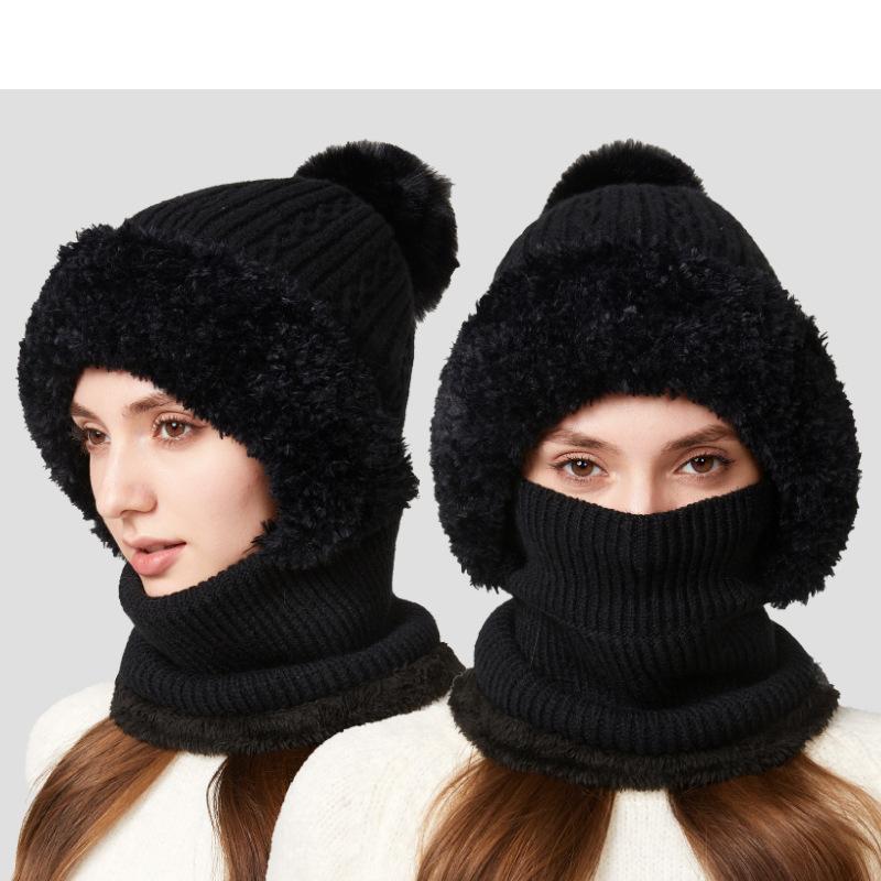 High Stretch Solid Color Knitted Mask Scarf All-In-One Hat Women's Winter Cycling Windproof Warm Hat
