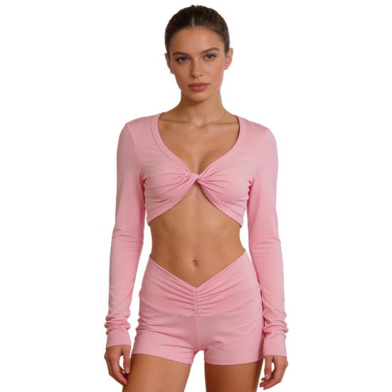 

Комплект из двух предметов для тренировок для женщин Топ с длинным рукавом и скрученным передним узлом, укороченный, с мягкими чашечками, Шорты с высокой талией, подчеркивающие ягодицы, Комплект для спортзала, Йога, Спортивная одежда S розовый