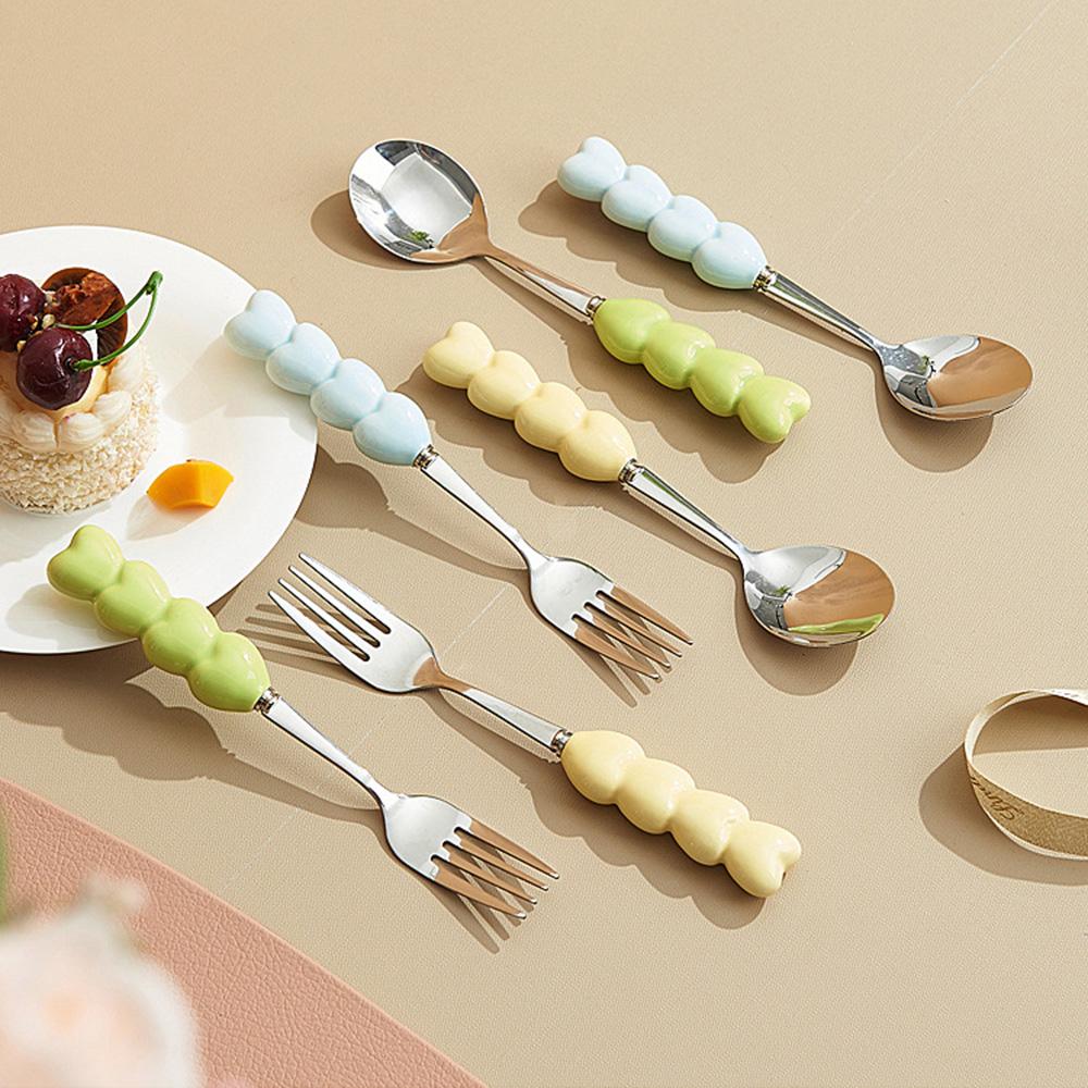 

6Pcs Heart-shaped Fork Spoon Set - Ceramic Stainless Steel Underglaze Color INS Style High Temperature Resistant Craft Tableware