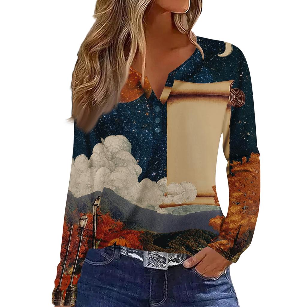Women's Casual Long Sleeve V-Neck T-Shirt with Halloween Print and Button for Holiday Outfits
