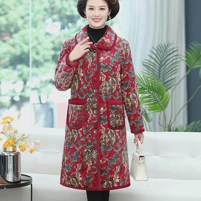Warm Floral Crystal Velvet Coat for Middle-aged and Elderly Women