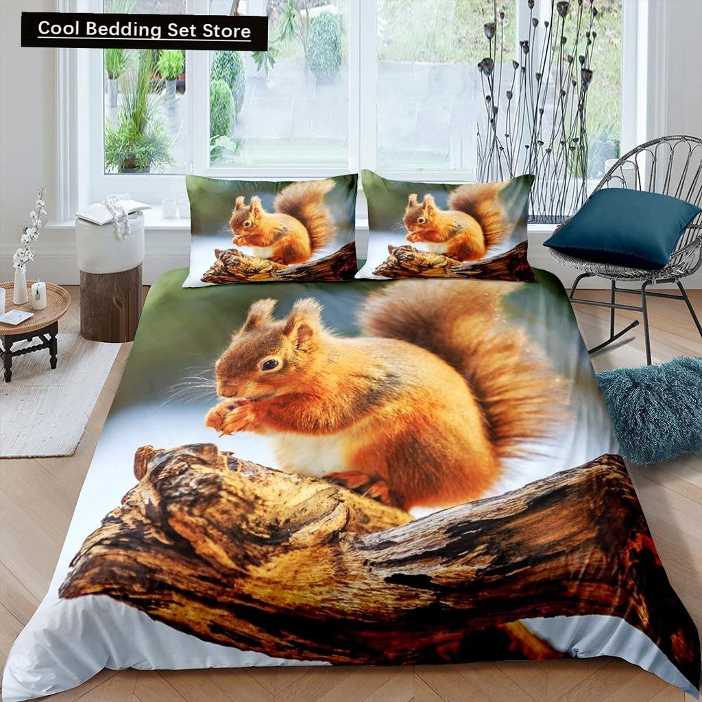 3D Squirrel King Queen Duvet Cover Soft Wildlife Green Leaves Bedding Set for Kids Teens Adults 2 3pcs