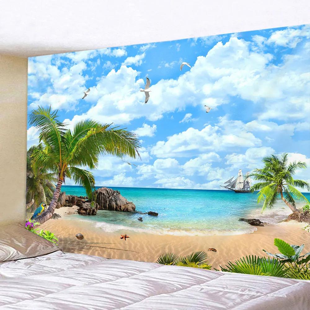Seaside Coconut Tree Landscape Tapestry Nature Sea Art Ocean Beach 3D Print Wall Hanging Home Living Room Background Cloth Decor