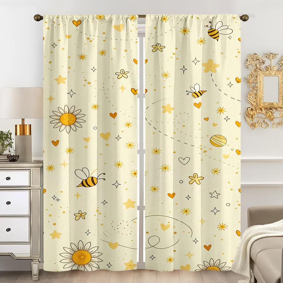 2PCS, Multicolor, Whimsical Bee and Daisy Celestial Print Curtains, for Bedroom and Living Room, Rod Pocket Style