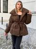 Women's Stand Up Collar Hooded Long Sleeved Zipper Glossy Thick Jacket for Winter