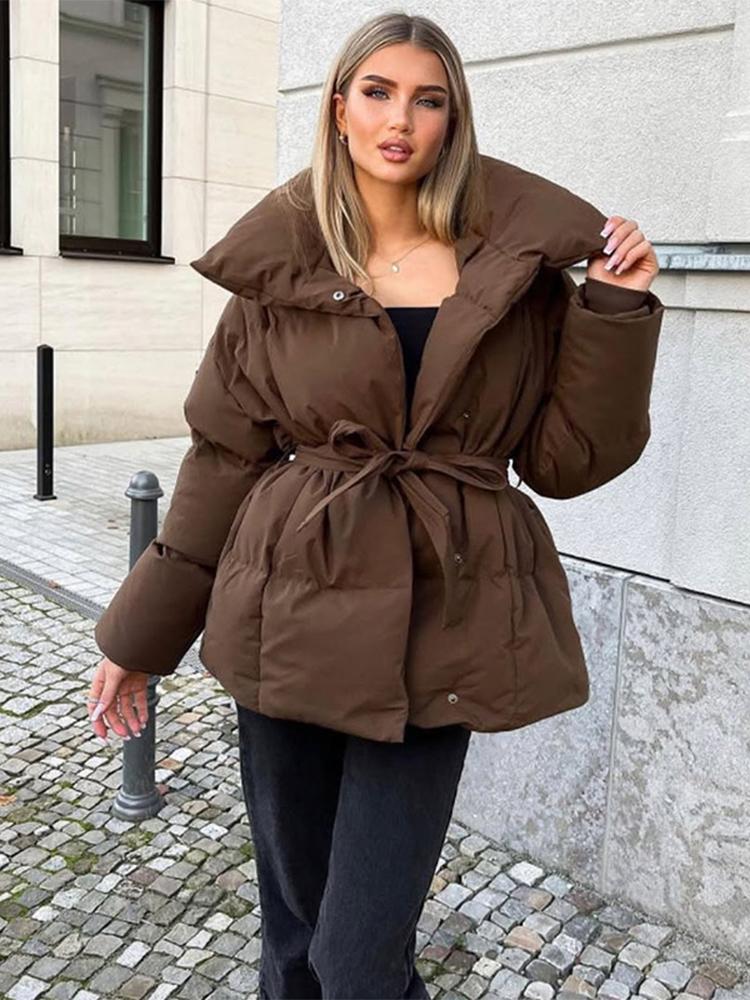 Women's Stand Up Collar Hooded Long Sleeved Zipper Glossy Thick Jacket for Winter