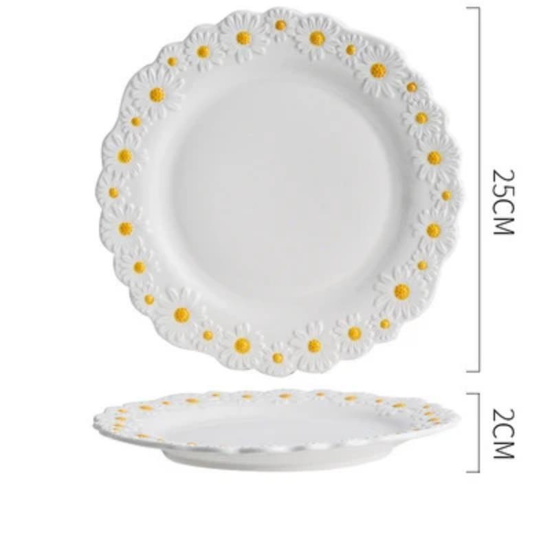 Ceramic Daisy Embossed Creative Dishes, Household Vegetable Rice Soup Bowl Dinner Plate Ceramic Set Combination Tableware
