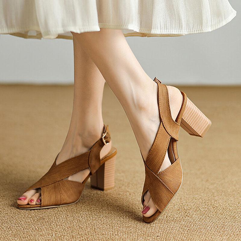 Shoes for Women 2025 New Summer Open Toe Women's High Heels Slingback Sandals 7.5 Cm Thick Heels Sandalias Mujer WSH5257