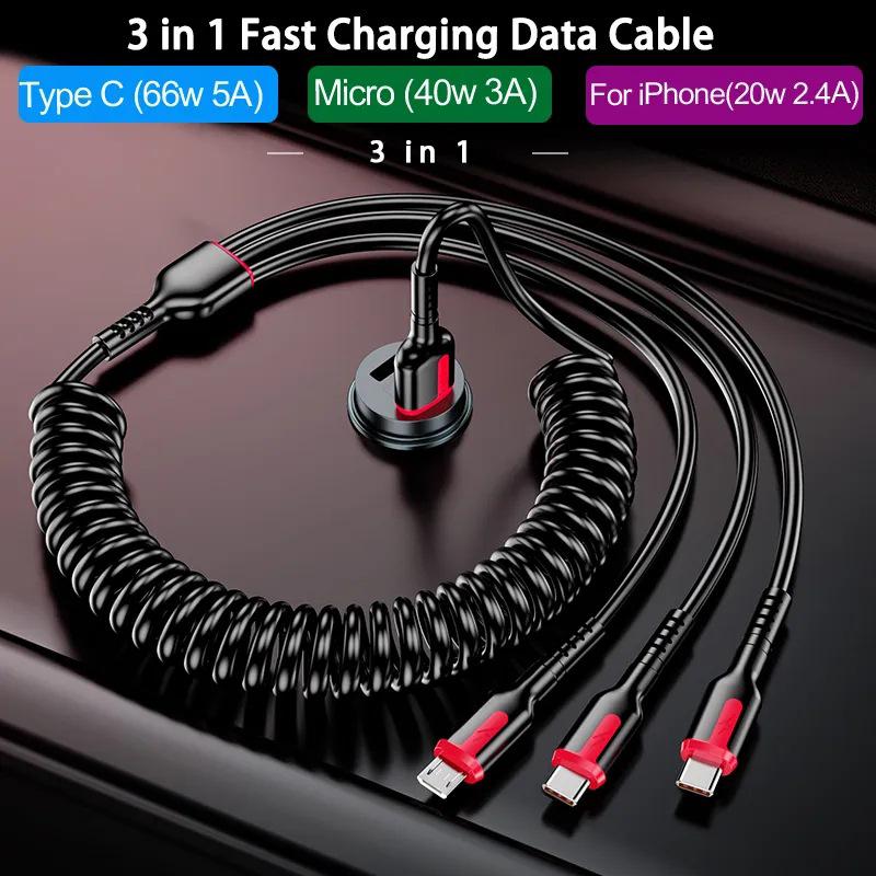 3 In 1 66W Fast Charging Cable For Xiaomi Iphone Poco Micro Usb Type C Charger Cable Cord Multiple Usb Charging Wire Line
