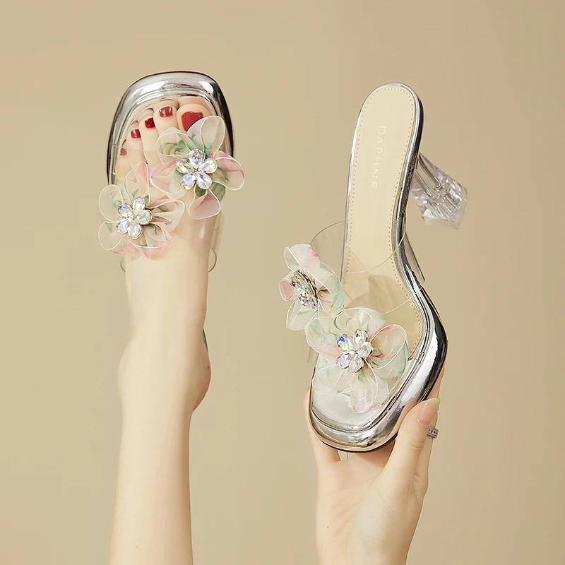 

Модная обувь Женская 2025 Тапочки Летние Мюли на каблуке Квадратный каблук Блестящие Шлепанцы Пантофли Высокий Блок Желе Прозрачные Новые Сандалии Туфли-лодочки 34 серебряный