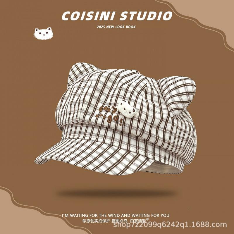 Japanese Cute Bear Plaid Ears Octagonal Hat Female Spring And Summer Thin Y2K Sweet Face Little Beret