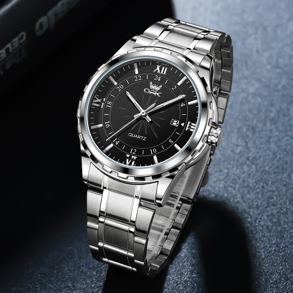 OPK Quartz Stainless Date Black Men's Watch, Stylish, Fashionable, Classic, Steel, Display, Waterproof, Luminous,