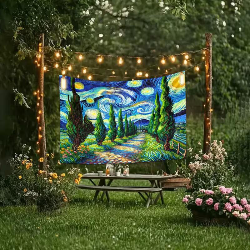 2D Impressionist Landscape Backdrop - Van Gogh Inspired Starry Night Tapestry for Photoshoot