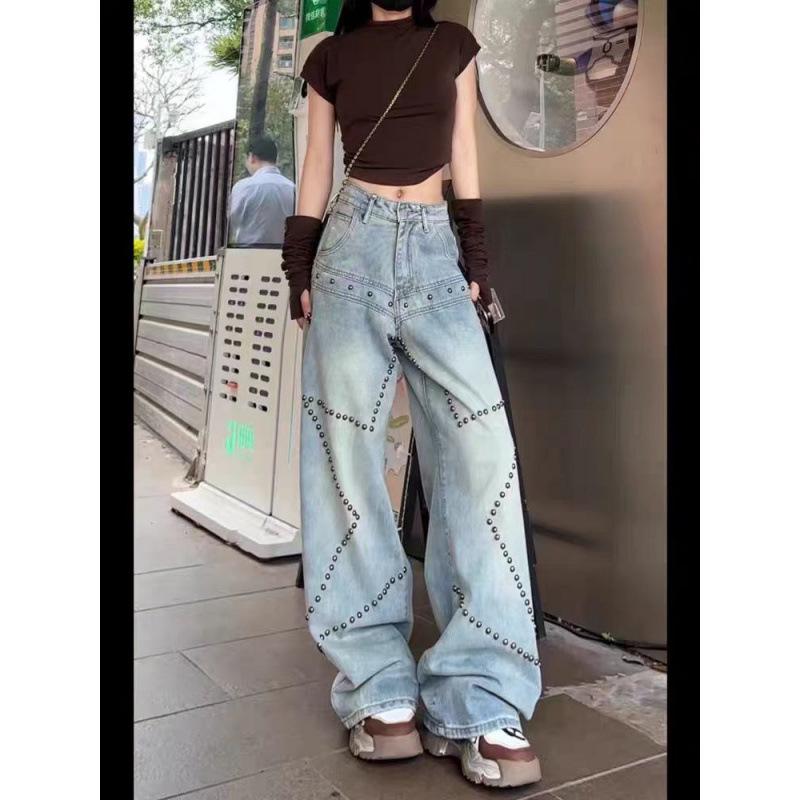 Women's Fashion Retro Rivet Wide Leg Jeans - Loose, Slimming, Stylish Design