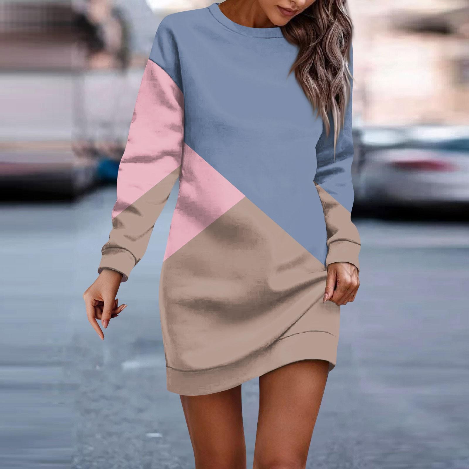 Женское платье с круглым вырезом и геометрическим узором в стиле пэчворк с длинными — фото 5