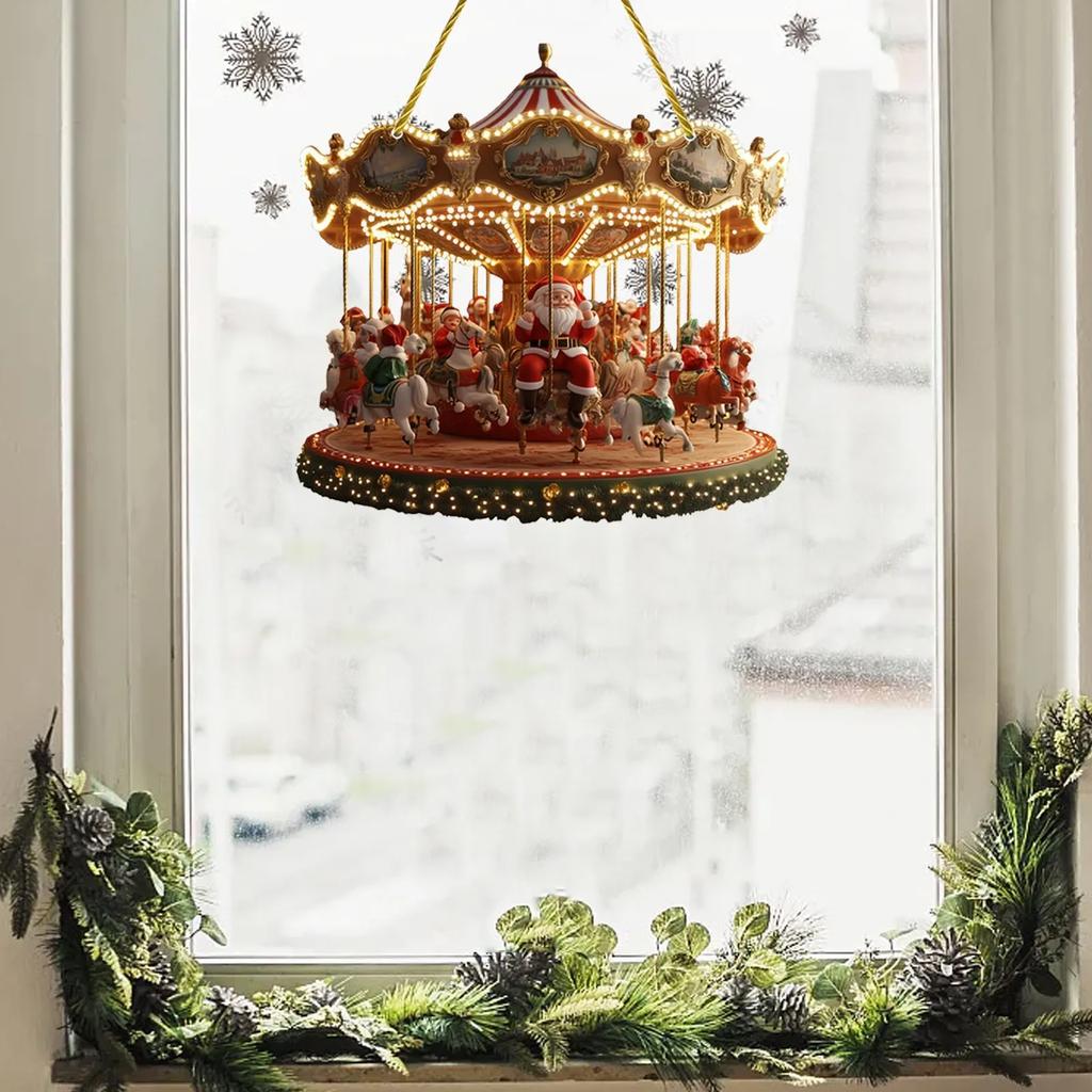 2D Santa Carousel Christmas Hanging Ornament Scene Traditional Festive Decoration Merry-Go-Round Christmas Ornaments Xmas Decor